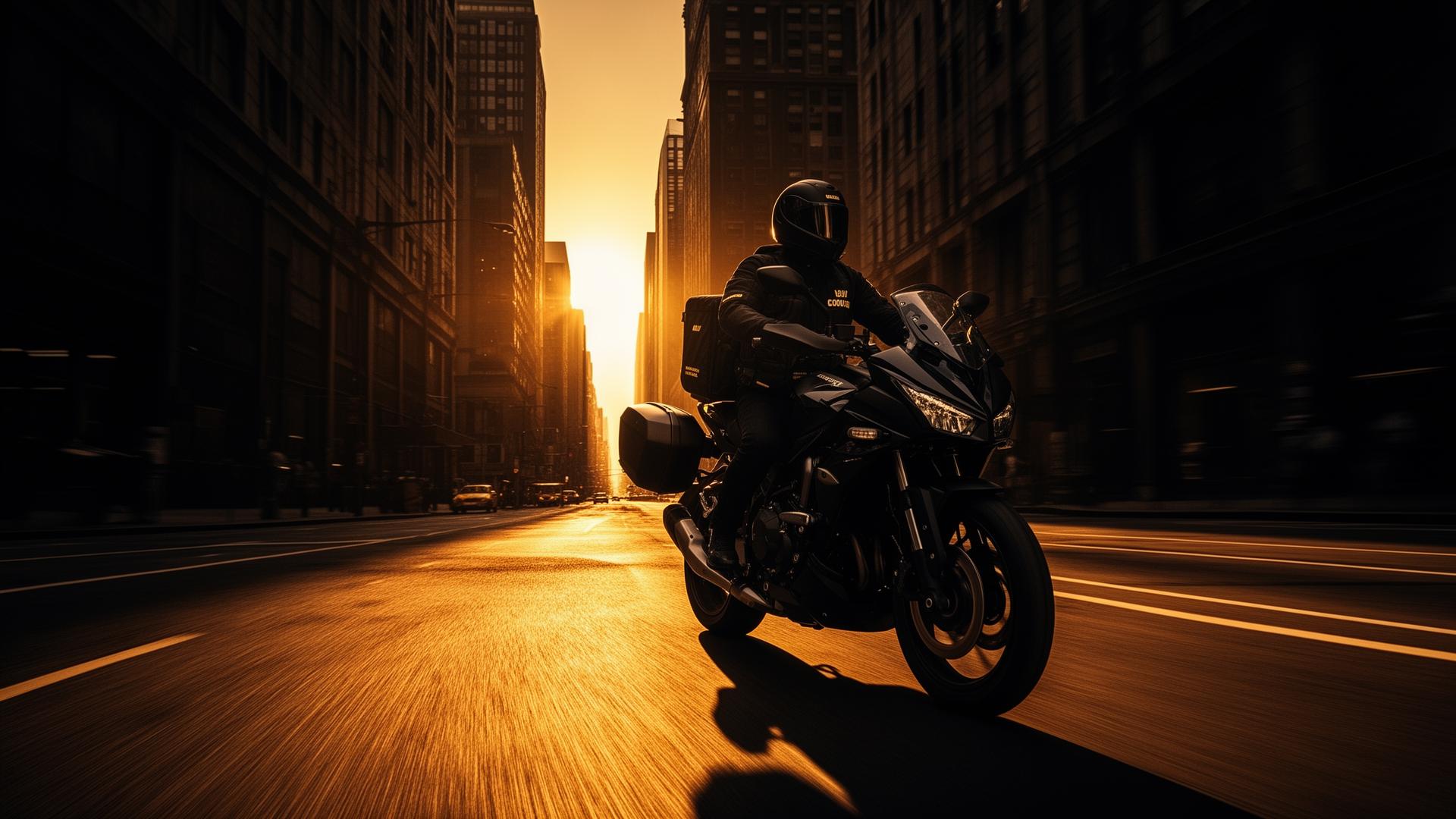 Courier on a motorcycle delivering at golden hour